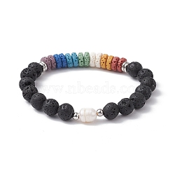 Dyed Natural Lava Rock & Pearl Beaded Strtch Bracelet, Colorful, Inner Diameter: 2-1/2 inch(6.2cm)(BJEW-JB10053-01)