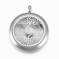 316 Surgical Stainless Steel Diffuser Locket Pendants, with Perfume Pad and Magnetic Clasps, Flat Round with Tree of Life, Stainless Steel Color, Mixed Color, 37x30x6.5mm, Hole: 5mm, inner diameter: 23mm(STAS-H404-34)