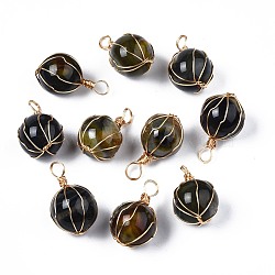 Natural Agate Pendants, with Light Gold Plated Brass Wire Wrapped, Dyed & Heated, Round, Coffee, 34~35x20~21x20~21mm, Hole: 5mm(G-N326-109A)