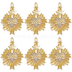 6Pcs Rack Plating Brass Micro Pave Cubic Zirconia Pendants, with Jump Ring, Long-Lasting Plated, Cadmium Free & Lead Free, Sacred Heart Charm, Real 18K Gold Plated, 23x18x4.3mm, Hole: 3mm(KK-BBC0009-57)