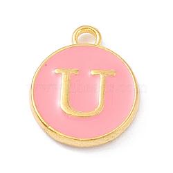 Golden Plated Alloy Enamel Charms, Enamelled Sequins, Flat Round with Alphabet, Letter.U, Pink, 14x12x2mm, Hole: 1.5mm(X-ENAM-Q437-14U)