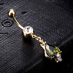 Piercing Jewelry, Brass Cubic Zirconia Navel Ring, Belly Rings, with 304 Stainless Steel Bar, Cadmium Free & Lead Free, teardrop, Real 18K Gold Plated, Olive Drab, 45x12mm, Bar: 15 Gauge(1.5mm), Bar Length: 3/8"(10mm)(AJEW-EE0003-47A)