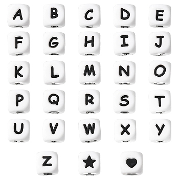 30Pcs 28 Style Food Grade Eco-Friendly Silicone Beads, Chewing Beads For Teethers, DIY Nursing Necklaces Making, White Cube with Black Letter & Heart & Star, Letter A~Z, 12x12x12mm, Hole: 2~3mm, 28 style/box
