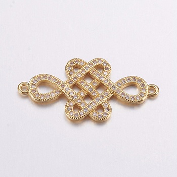 Brass Micro Pave Cubic Zirconia Links, Clear, Long-Lasting Plated, Real 18K Gold Plated, Chinese Knot, 14.5x29x2mm, Hole: 1.5mm