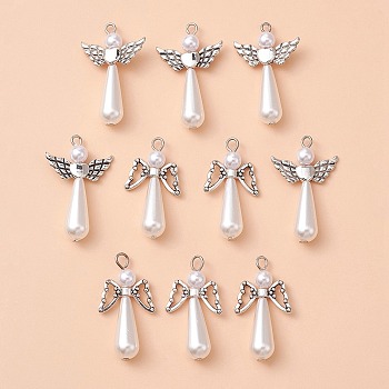 Acrylic Imitation Pearl with Alloy Pendants, with Stainless Steel Color Tone 304 Stainless Steel Loops, Angel Charm, Antique Silver, 34~35x18~22x8mm, Hole: 1.5~2.5mm, 2 style, 5pcs/style, 10pcs/set