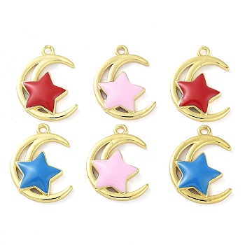 Brass Enamel Pendants, Real 18K Gold Plated, Moon with Star Charm, Mixed Color, 23x16.5x3mm, Hole: 1.8mm
