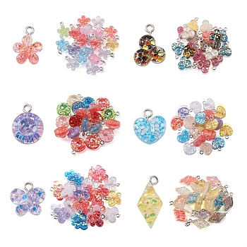 Fashewelry 120Pcs 6 Style Epoxy Resin Charms, with Sequins/Paillette and Platinum Plated Iron Loop, Mixed Shapes, Mixed Color, 20pcs/style