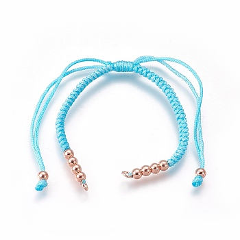 Nylon Cord Braided Bead Bracelets Making, with Brass Beads, Long-Lasting Plated, Real Rose Gold Plated, Sky Blue, 10-1/4 inch~11-5/8 inch(26~29.6cm)