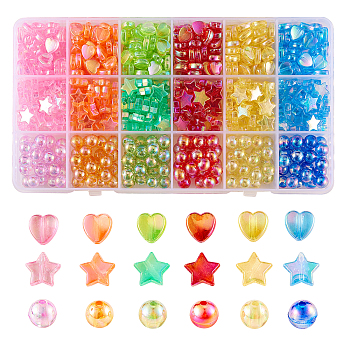 630Pcs Eco-Friendly Transparent Acrylic Beads, Star, Round, Heart, Mixed Color, AB Color, Mixed Color, Star: 10x4mm, Hole: 1.5mm, 30pcs/color; Heart: 8x8x3mm, Hole: 1.5mm, 50pcs/color; Round: 8mm, Hole: 1.8mm, 25pcs/color.