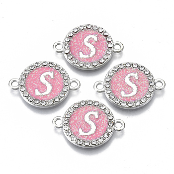 Alloy Enamel Links Connectors, with Crystal Rhinestones, Flat Round with Letter, Silver Color Plated, Letter.S, 22x16x2mm, Hole: 1.8mm