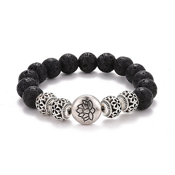 Natural Lava Rock Round Beads Essential Oil Anxiety Aromatherapy Stretch Bracelet for Girl Women Gift, Lotus Alloy Beads Bracelet, Antique Silver, Inner Diameter: 2-1/8 inch(5.4cm)