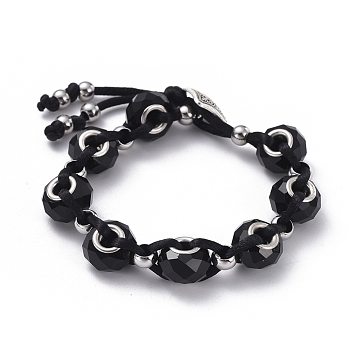 Handmade Glass European Beads Braided Bead Bracelets, with Nylon Thread and Alloy Shank Buttons, Black, 7-1/2 inch(190mm)