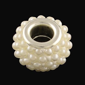 ABS Plastic Imitation Pearl Rondelle European Beads, with Silver Color Plated Brass Double Cores, Large Hole Beads, Cornsilk, 14~15x9mm, Hole: 5mm