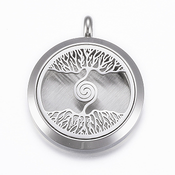 316 Surgical Stainless Steel Diffuser Locket Pendants, with Perfume Pad and Magnetic Clasps, Flat Round with Tree of Life, Stainless Steel Color, Mixed Color, 37x30x6.5mm, Hole: 5mm, inner diameter: 23mm
