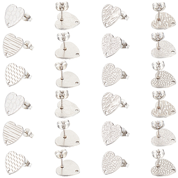 48Pcs 6 Styles Textured Heart 304 Stainless Steel Stud Earring Findings, with Ear Nuts and Hole, Stainless Steel Color, 12x13x1mm, Pin: 0.8mm, 8pcs/style