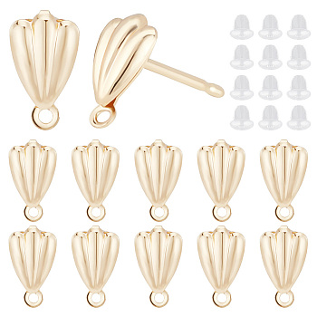 10 Pairs Brass Stud Earring Finding, with Horizontal Loops and 20Pcs Plastic Ear Nuts, Shell Shape, Golden, 9x5mm, Hole: 1mm, Pin: 0.8mm