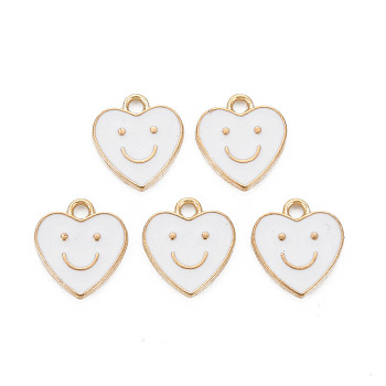 Alloy Enamel Charms, Cadmium Free & Lead Free, Light Gold, Heart with Smile, White, 13x12x1.5mm, Hole: 1.6mm