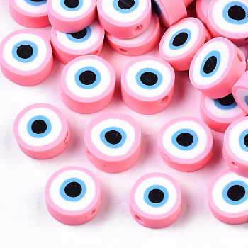 Handmade Polymer Clay Beads, Flat Round with Evil Eye, Pink, 10.5~12.5x3.5~4.5mm, Hole: 1.5mm
