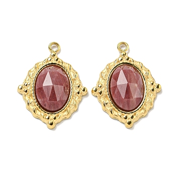 Vacuum Plating 304 Stainless Steel Pendants, Faceted Natural Rhodonite Oval Charms, Real 18K Gold Plated, 19x15x4mm, Hole: 1.2mm