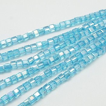 Electroplate Glass Beads Strands, AB Color Plated, Faceted, Cube, Sky Blue, 4x4x4mm, Hole: 1mm