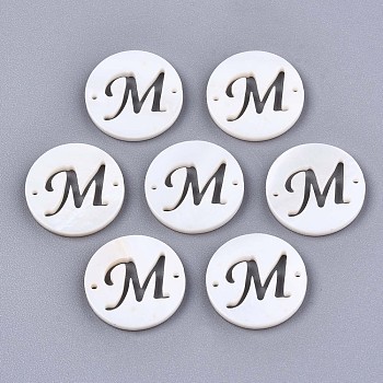 Natural Freshwater Shell Links Connectors, Flat Round with Letter, Letter.M, 14.5x1.5mm, Hole: 0.9mm