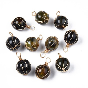 Natural Agate Pendants, with Light Gold Plated Brass Wire Wrapped, Dyed & Heated, Round, Coffee, 34~35x20~21x20~21mm, Hole: 5mm