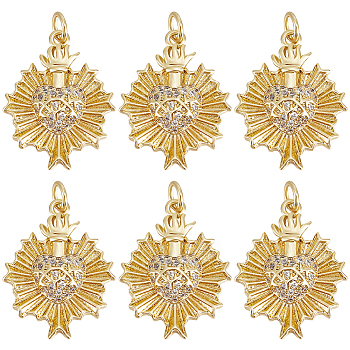 6Pcs Rack Plating Brass Micro Pave Cubic Zirconia Pendants, with Jump Ring, Long-Lasting Plated, Cadmium Free & Lead Free, Sacred Heart Charm, Real 18K Gold Plated, 23x18x4.3mm, Hole: 3mm