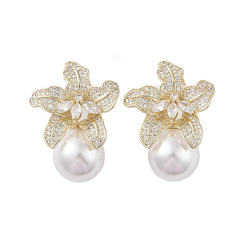 Brass with Resin Imitation Pearl Stud Earrings, with Micro Pave Cubic Zirconia Flower, Golden, 36.5x17.5mm