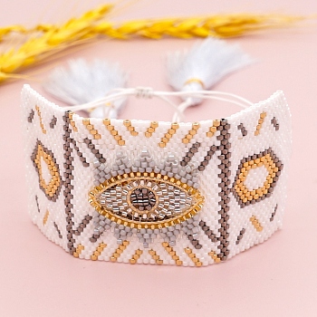 Friendship Eye Loom Pattern Seed Beads Bracelets for Women, Adjustable Tassel Nylon Cord Braided Bead Bracelets, White, 11 inch(28cm), 40mm