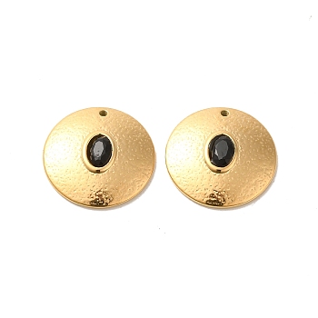 304 Stainless Steel Pendants, with Rhinestone, Flat Round Charms, Real 14K Gold Plated, Jet, 20x3.8mm, Hole: 1.4mm