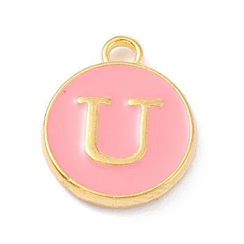 Golden Plated Alloy Enamel Charms, Enamelled Sequins, Flat Round with Alphabet, Letter.U, Pink, 14x12x2mm, Hole: 1.5mm