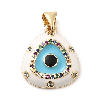 Real 18K Gold Plated Brass Clear Cubic Zirconia Pendants, with Enamel, Triangle with Evil Eye, Floral White, 18x15.5x3mm, Hole: 5x3.5mm