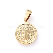 Vacuum Plating 304 Stainless Steel Pendants, Religion, Flat Round with Saint Benedict, Golden, 15x12x1.5mm, Hole: 5x3mm(STAS-H458-36G-D)