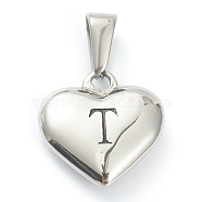 304 Stainless Steel Pendants, Heart with Black Letter, Stainless Steel Color, Letter.T, 16x16x4.5mm, Hole: 7x3mm(STAS-P278-01T-P)