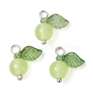 Natural Dyed Malaysia Jade Fruit Charms, with Acrylic Leaf and Platinum Plated Brass Loops, Light Green, 13x12x6mm, Hole: 2mm(PALLOY-JF02431-02)
