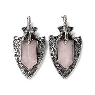 Natural Rose Quartz Faceted Big Pendants, Dragon Claw with Arrow Charms, with Antique Silver Plated Alloy Findings, 55x27.5x10.5mm, Hole: 6mm(G-L524-03AS-08)