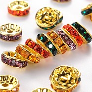 Brass Grade A Rhinestone Spacer Beads, Golden Plated, Rondelle, Nickel Free, Mixed Color, 10x4mm, Hole: 2mm(RSB039NFG)