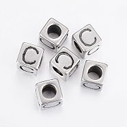 304 Stainless Steel Large Hole Letter European Beads, Cube with Letter.C, Antique Silver, 8x8x8mm, Hole: 5mm(X-STAS-H428-01AS-C)
