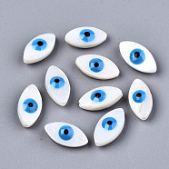 Natural Freshwater Shell Beads, with Enamel, Enamelled Sequins, Horse Eye with Evil Eye, Dodger Blue, 14x7.5x4.5mm, Hole: 0.8mm(SHEL-T018-01A)