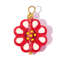 304 Stainless Steel with Glass Pendants, Ion Plating(IP), Flower Charms, Hand Polished, Real 18K Gold Plated, Red, 20x13mm, Hole: 2.2mm(GL-OY001-01G-02)