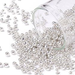 12/0 Glass Seed Beads, Metallic Colours Style, Round, Silver, 12/0, 2mm, Hole: 1mm, about 3333pcs/50g(X-SEED-A017-2mm-1109)