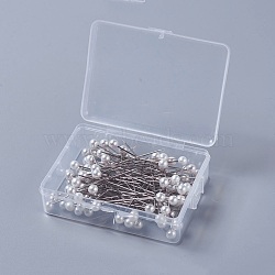 Iron Head Pins, Straight Pins, Dressmaker Pins, Sewing Pin for DIY Sewing Crafts, with Acrylic Imitation Pearl, Round, White, 64~65mm, Pin: 0.6mm, about 100pcs/box(X-NEED-WH0001-02)