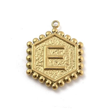 201 Stainless Steel Pendants, Golden, Hexagon with Letter Charm, Letter E, 21x16.5x2mm, Hole: 1.5mm