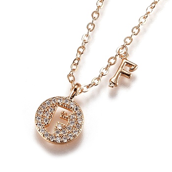 Brass Micro Pave Clear Cubic Zirconia Double Letter Pendant Necklaces, with Cable Chains, Letter.F, 14-3/4 inch(37.6cm)