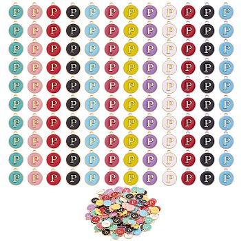120Pcs 12 Colors Golden Plated Alloy Charms, with Enamel, Enamelled Sequins, Flat Round with Letter, Letter.P, 14x12x2mm, Hole: 1.5mm, 10pcs/color