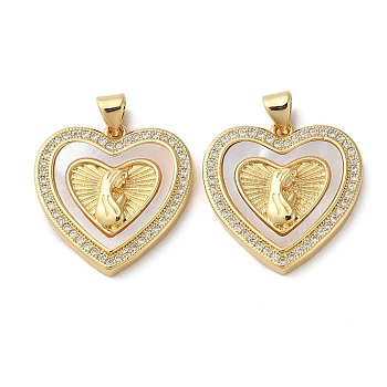 Brass Micro Pave Cubic Zirconia Pendants, with Shell, Heart, Real 18K Gold Plated, 23x22.5x4mm, Hole: 4x3.5mm
