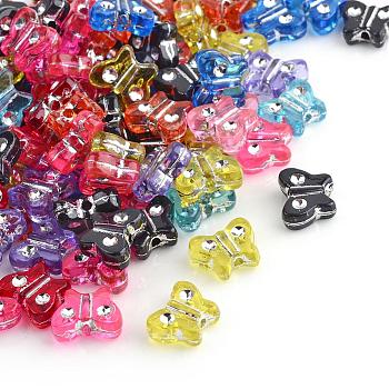 Plating Transparent Acrylic Beads, Silver Metal Enlaced, Butterfly, Mixed Color, 11x7x4mm, Hole: 1.5mm, about 2200pcs/500g
