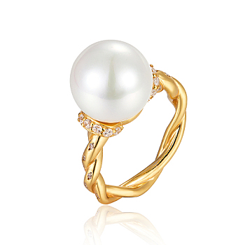 925 Sterling Silver Wire Wrapped Finger Ring with Imitation Pearl, Golden, Inner Diameter: 18mm