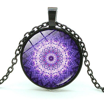 Glass Flower Dome Pendant Necklace, Alloy Jewelry for Women, Medium Slate Blue, 17.72~20.87 inch(45~53cm)