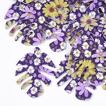 PU Leather Big Pendants, Double-Sided Printing, Flower Pattern, Leaf, Purple, 55x43x2mm, Hole: 1mm